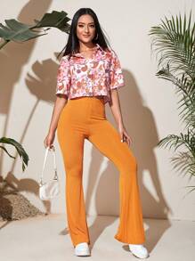 SHEIN Essnce Flare Leg Solid Trousers - Orange - View 3