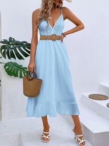SHEIN VCAY Vestido de tirantes con encaje en contraste bajo con fruncido sin cinturón - Azul - Ver 4