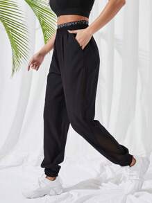 SHEIN Daily&Casual 拼接腰部字母條帶運動褲 - 黑色 - 查看 1