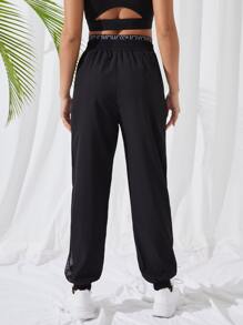 SHEIN Daily&Casual 拼接腰部字母條帶運動褲 - 黑色 - 查看 3