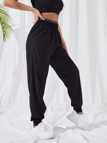 SHEIN Daily&Casual 拼接腰部字母條帶運動褲 - 黑色 - 查看 4