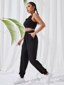 SHEIN Daily&Casual 拼接腰部字母條帶運動褲 - 黑色 - 查看 5
