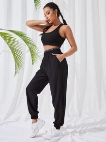 SHEIN Daily&Casual 拼接腰部字母條帶運動褲 - 黑色 - 查看 6