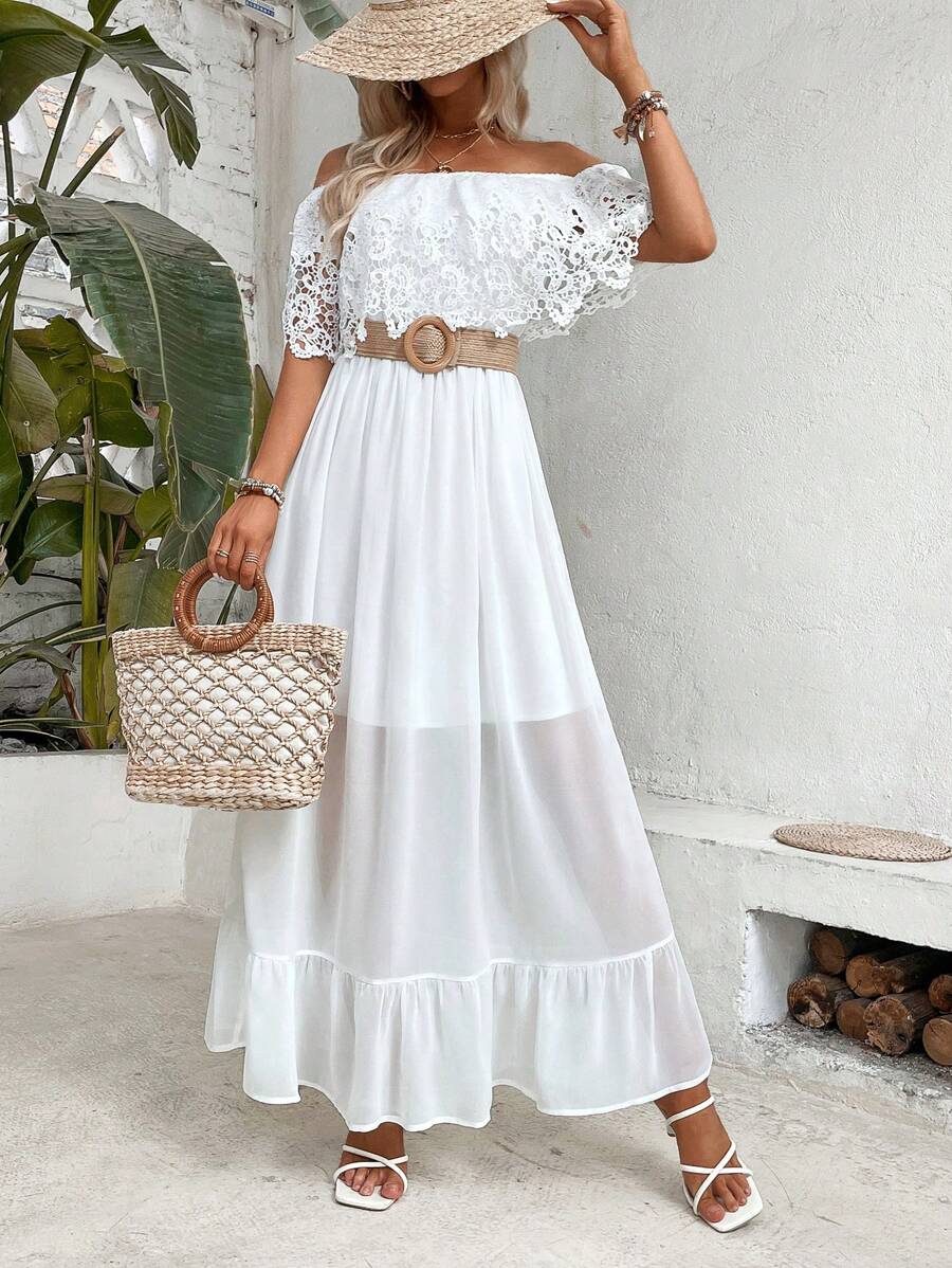 Breezaya Vestido de hombros descubiertos panel con encaje bajo con fruncido - Blanco - Ver 1