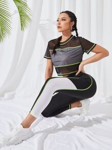 SHEIN Sports 撞色拼接运动套装 带手机口袋 女士健身套装 - 黑色 - 查看 5