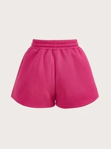 SHEIN EZwear Quần đùi nữ Dây kéo màu trơn Giải trí - Màu Hồng Tươi - Xem 2