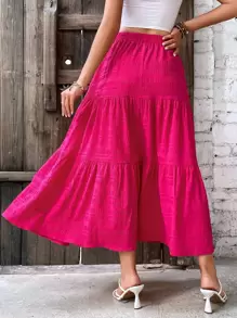 Breezaya 纯色荷叶边下摆半身裙（无腰带） 女式超长度假海滩装 - 玫紅色 - 查看 3