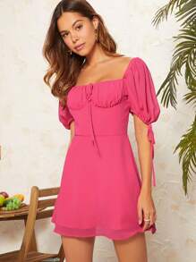 SHEIN VCAY Ruched Bust Knot Detail Puff Sleeve Chiffon Dress - Pink - View 5