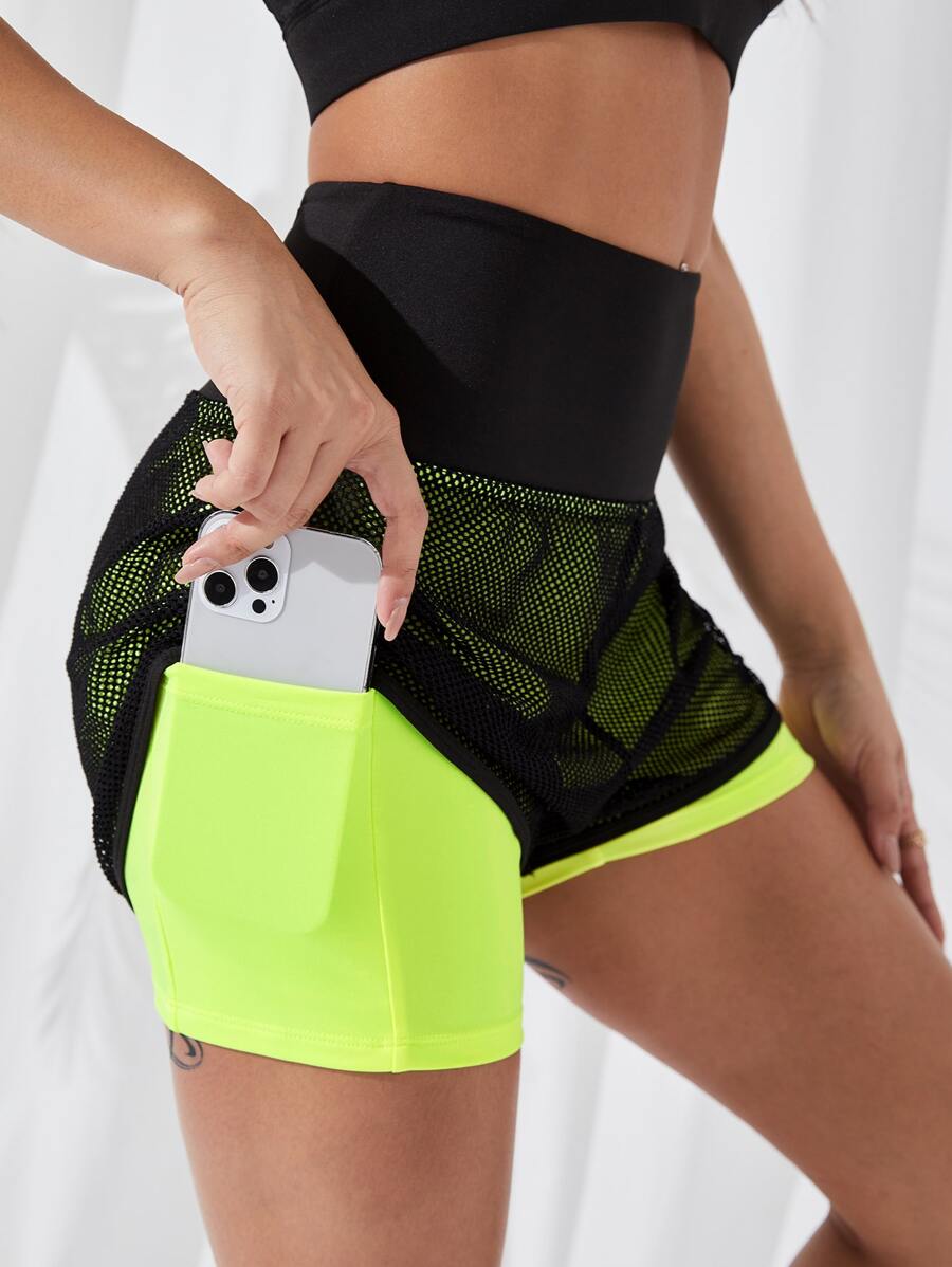 SHEIN Yoga Trendy Contrast Mesh Sports Shorts With Phone Pocket - Multicolor - View 1