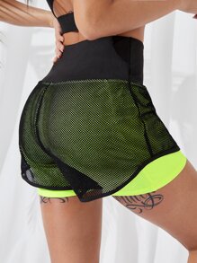 SHEIN Yoga Trendy Contrast Mesh Sports Shorts With Phone Pocket - Multicolor - View 2