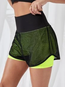 SHEIN Yoga Trendy Contrast Mesh Sports Shorts With Phone Pocket - Multicolor - View 3