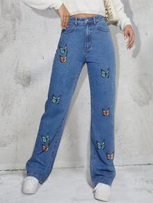 蝴蝶圖案直筒牛仔褲 - 中等水洗藍 - 查看 4