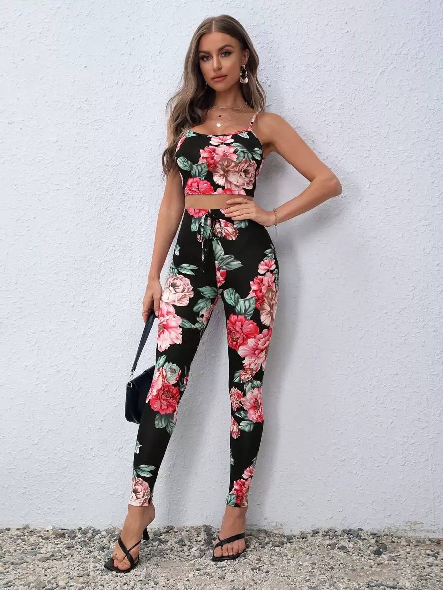 SHEIN VCAY Floral Print Cami Top & Leggings - Multicolor - View 1