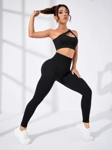 SHEIN Sports One Shoulder Cut Out Sports Set Workout Women Setwomen Workout Set - Black - View 7