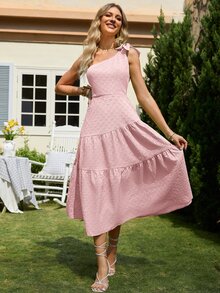 Simplee Vestido de un hombro bajo a capas - Rosa Pálido - Ver 4