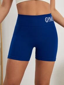 Easithlete 字母圖案緊縮褶皺臀部寬腰帶運動騎行短褲 - 藍色 - 查看 2