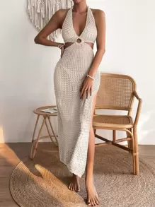 Breezaya 環鏈鏤空後背繫帶高衩罩衫洋裝 - 米色 - 查看 3