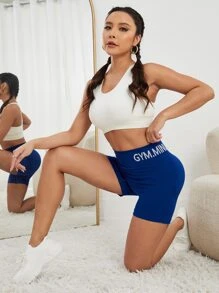 Easithlete 字母圖案緊縮褶皺臀部寬腰帶運動騎行短褲 - 藍色 - 查看 3