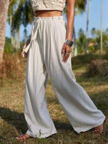SHEIN VCAY Tassel Tie Waist Wide Leg Pants - Beige - View 4
