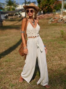 SHEIN VCAY Tassel Tie Waist Wide Leg Pants - Beige - View 6