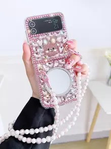 Rhinestone & Rabbit Decor Phone Case With Lanyard - Pink - View 2