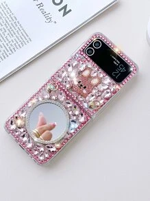 Rhinestone & Rabbit Decor Phone Case With Lanyard - Pink - View 3