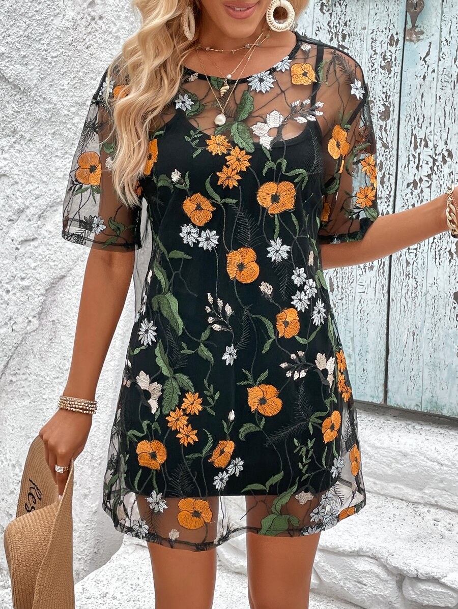 SHEIN VCAY Floral Embroidery Mesh Dress Without Cami Dress - Multicolor - View 1