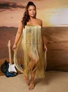 SHEIN SXY 大碼流蘇邊吊帶連衣裙 - 金色 - 查看 3