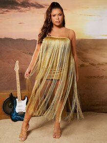 SHEIN SXY 大碼流蘇邊吊帶連衣裙 - 金色 - 查看 4