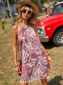 SHEIN VCAY Paisley & Floral Print Tassel Trim Halter Dress - Multicolor - View 1