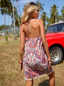 SHEIN VCAY Paisley & Floral Print Tassel Trim Halter Dress - Multicolor - View 2