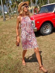 SHEIN VCAY Paisley & Floral Print Tassel Trim Halter Dress - Multicolor - View 5