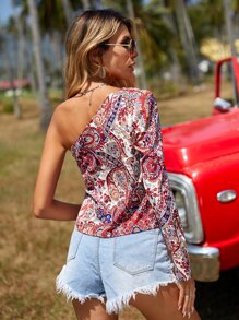 SHEIN VCAY 佩斯利印花單肩泡泡袖襯衫 - 彩色 - 查看 2