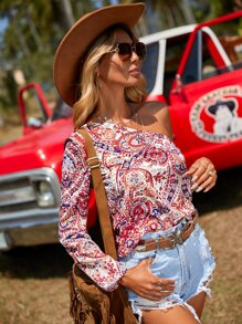 SHEIN VCAY 佩斯利印花單肩泡泡袖襯衫 - 彩色 - 查看 3