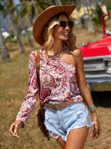 SHEIN VCAY 佩斯利印花單肩泡泡袖襯衫 - 彩色 - 查看 4