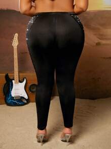 SHEIN SXY Plus Rhinestone Mesh Insert Leggings - Black - View 2