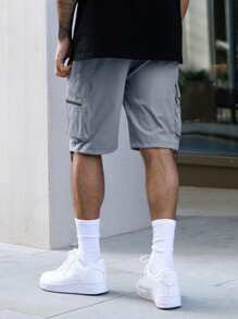 Manfinity Homme 寬鬆版型男士貨物短褲,帶插袋、側邊束帶腰 - 灰色 - 查看 2