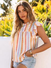 Striped Print Ruffle Trim Blouse - Multicolor - View 5