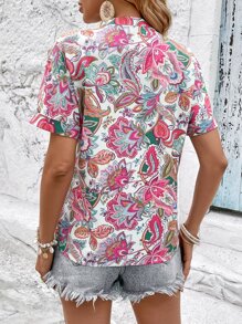 Breezaya Floral Print Notched Neck Batwing Sleeve Blouse - White - View 2