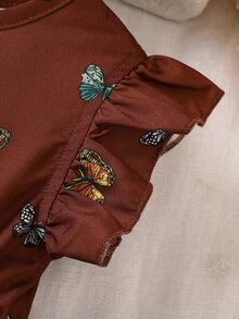 Niñas Vestido con estampado de mariposa ribete con fruncido a capas - Granate - Ver 4