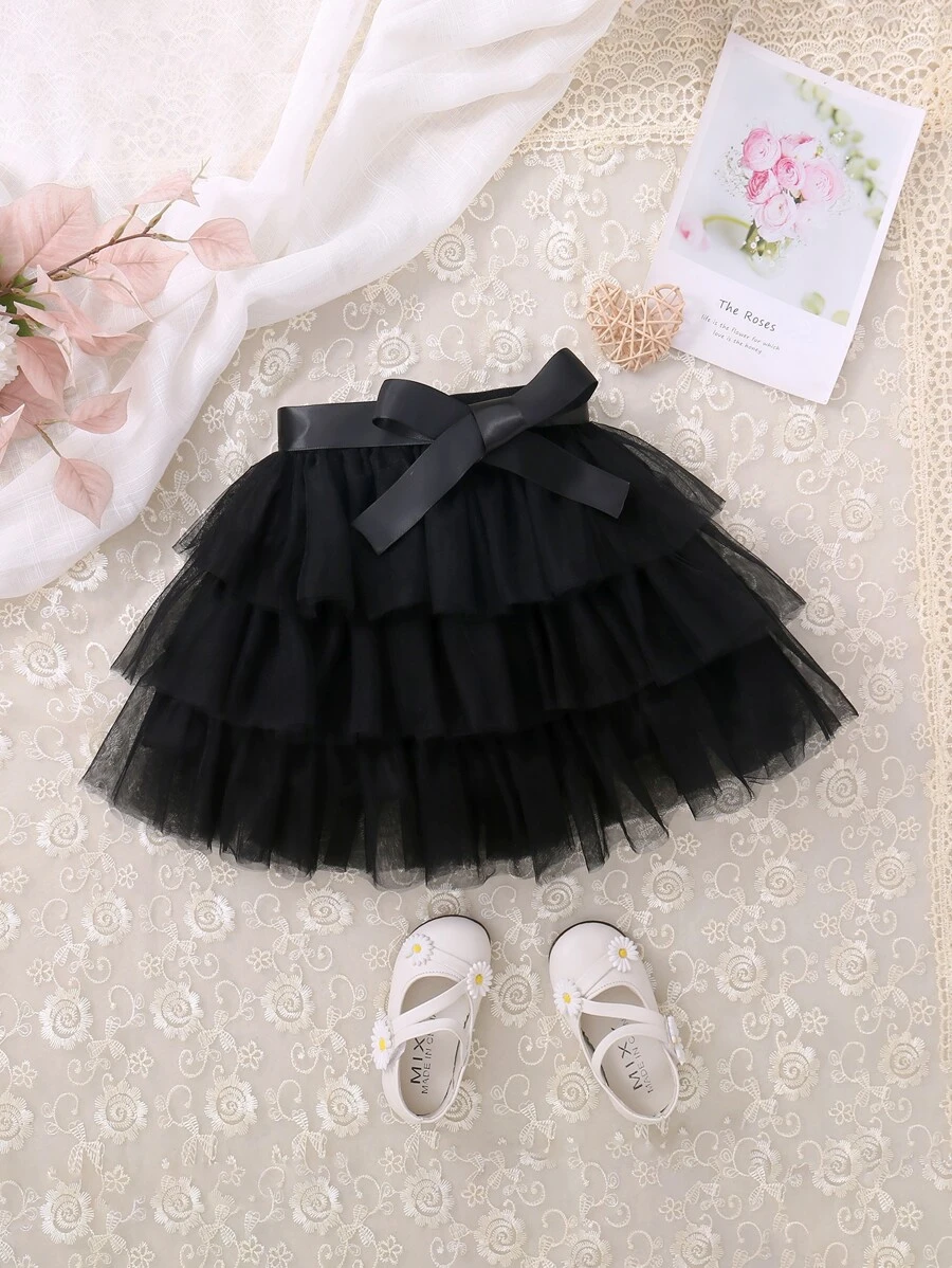 Genkimix Kids Young Girl Mesh Overlay Layer Hem Belted Skirt
