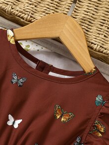 Niñas Vestido con estampado de mariposa ribete con fruncido a capas - Granate - Ver 5