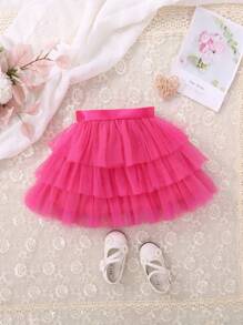 SHEIN Young Girl Mesh Overlay Layer Hem Belted Skirt