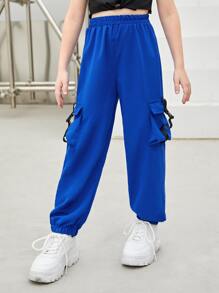 SHEIN Quần con gái Túi màu trơn Giải trí - Xanh đậm - Xem 3