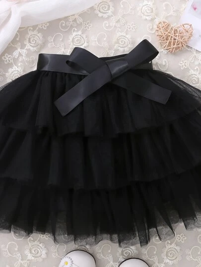 Genkimix Kids Young Girl Mesh Overlay Layer Hem Belted Skirt