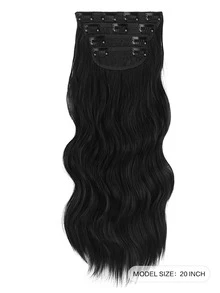 4 piezas Extensión del pelo con clip medio ondulado sintético - Negro - Ver 2