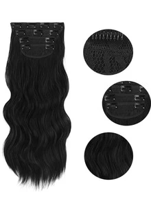 4 piezas Extensión del pelo con clip medio ondulado sintético - Negro - Ver 4