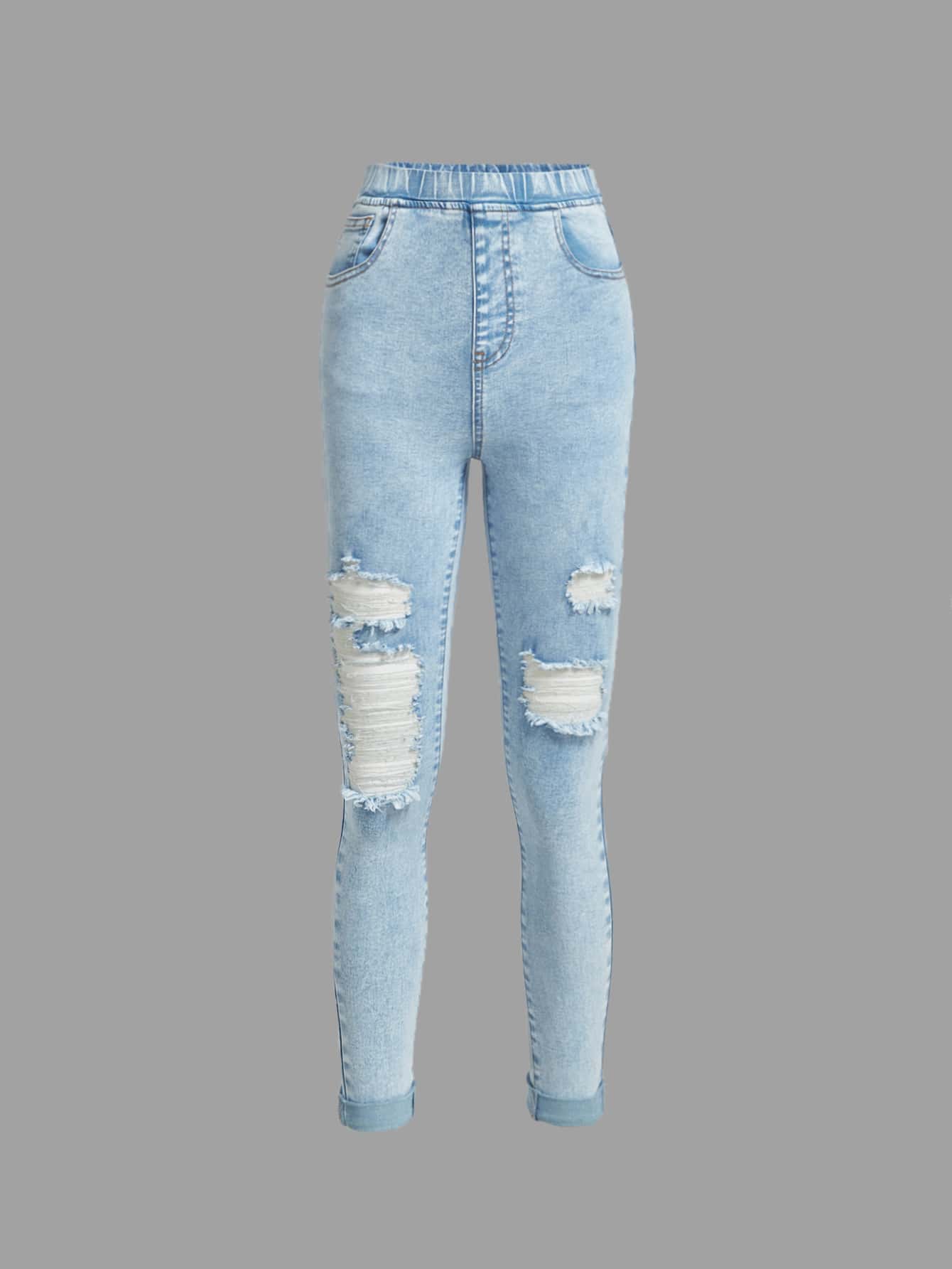 SHEIN Teen Girl Elastic Waist Ripped Jeans - Light Wash - View 1