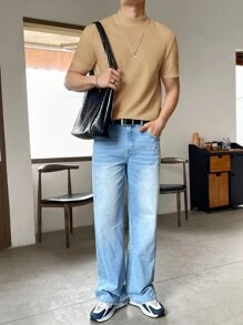 Manfinity VCAY Men Solid Mock Neck Tee, Summer - Camel - View 5