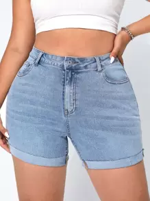 SHEIN EZwear 大碼高腰卷邊牛仔短褲 - 淺色水洗藍 - 查看 1